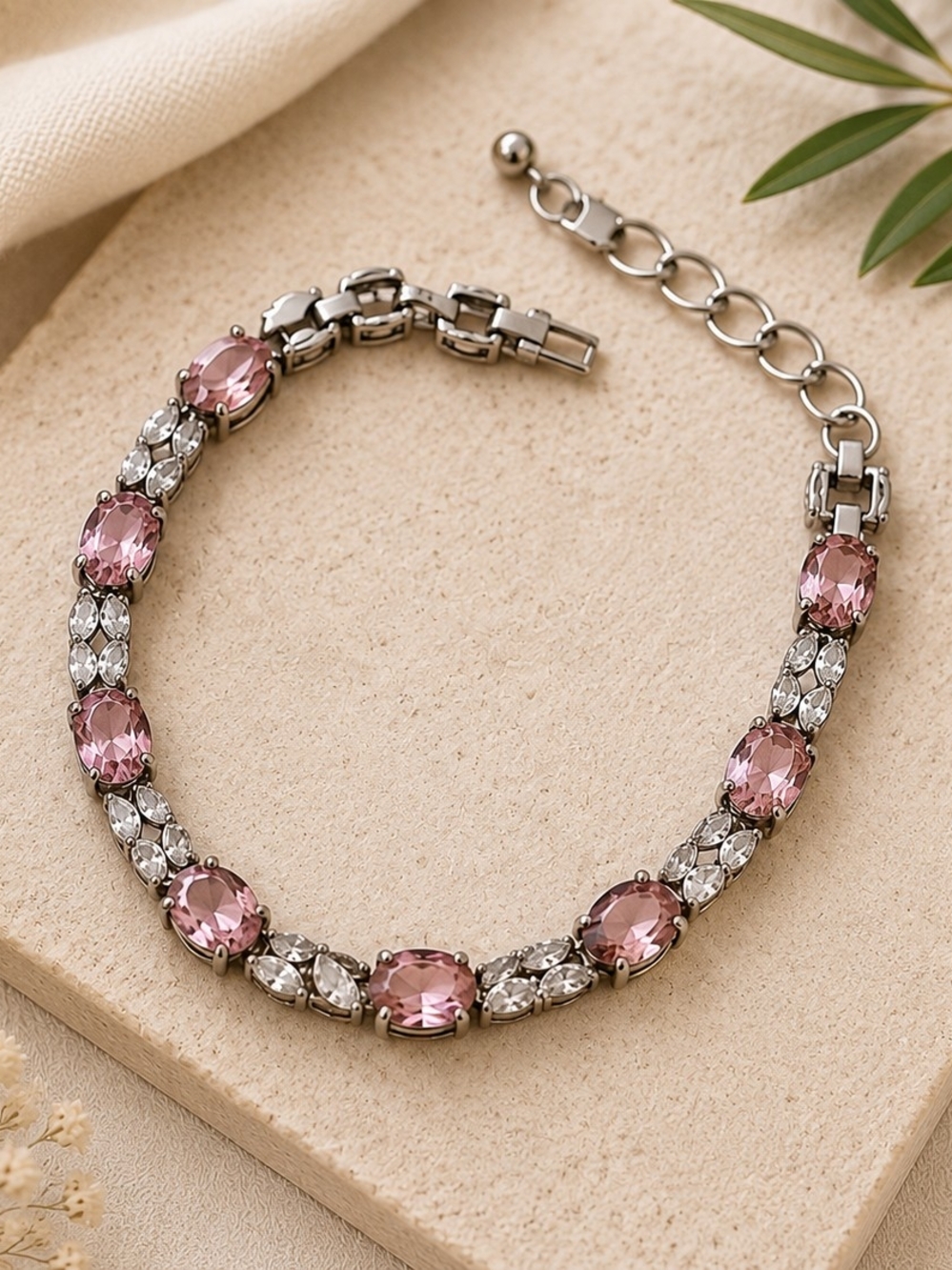 Women Jewelry Pink Crystal Tennis Bracelet - Elegant Silver Chain